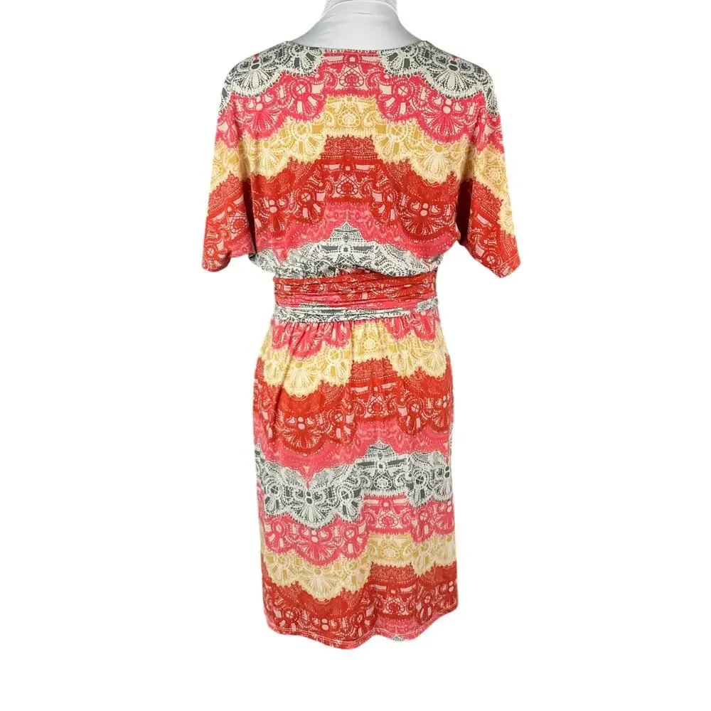 BCBG MAXAZRIA Wrap Dress Tereza Boho Art sz S Red White Yellow Medallion Print - Picture 13 of 16